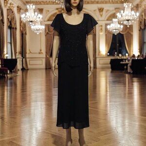 Vintage Cocktail Dress 80s S L Fashions Black Beaded Chiffon Size 6 Deadstock
